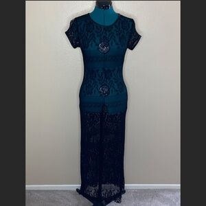 Cachet Black Lace Maxi Dress Short Sleeve Boho 70s Mod Style Size 4